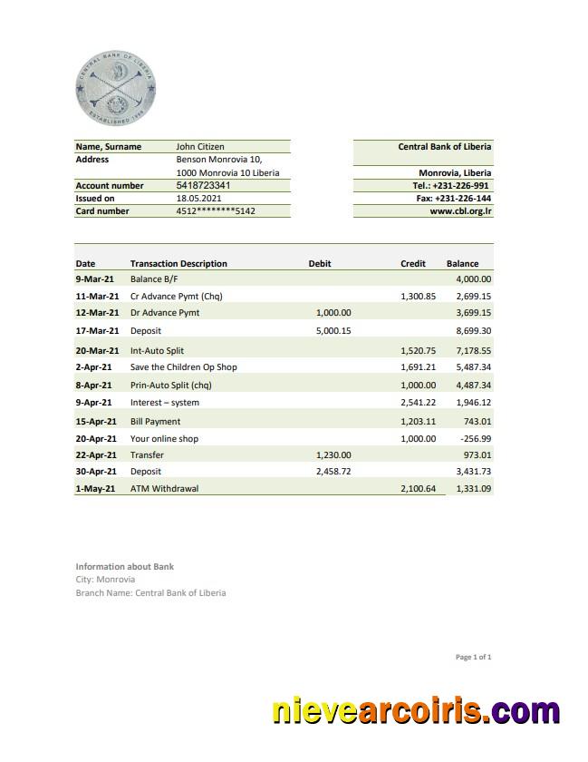 Liberia Central Bank of Liberia bank statement easy to fill in .xls and .pdf file format